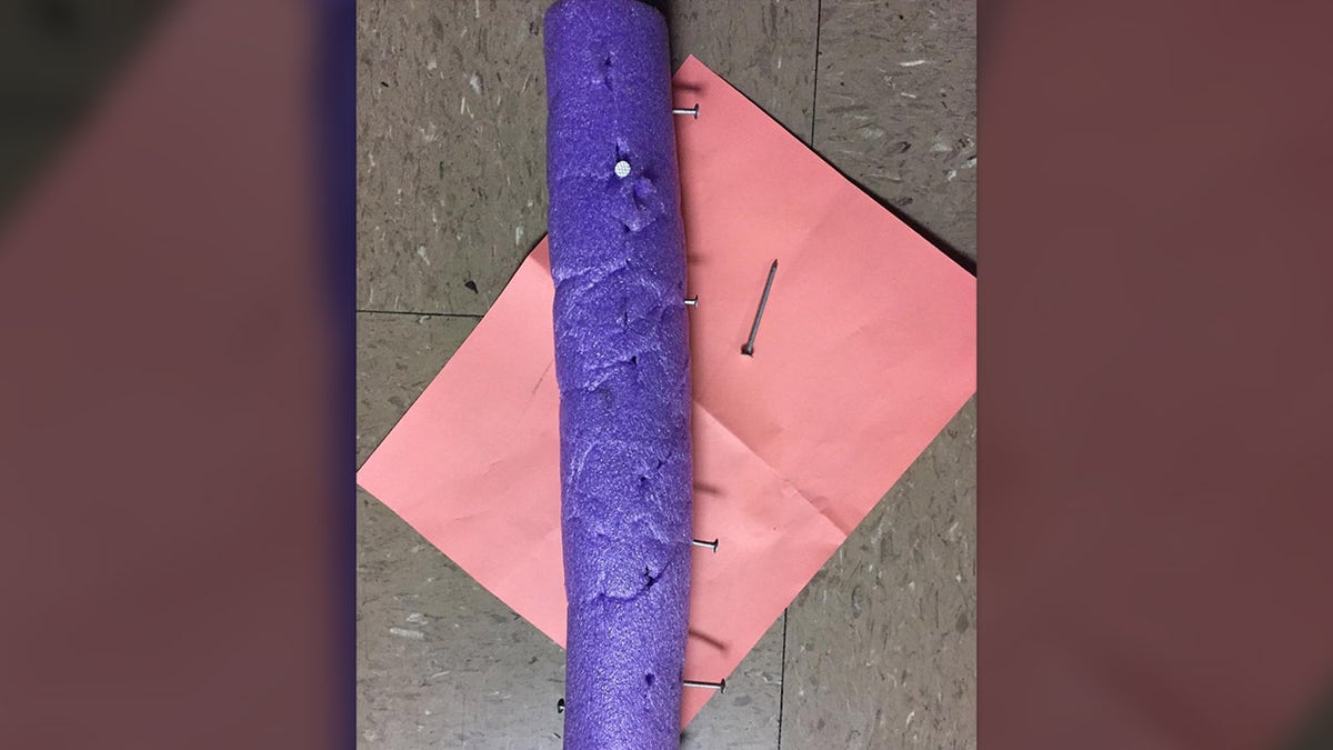 Pool noodles filled with nails were used by protesters to damage police vehicles, officials said. 