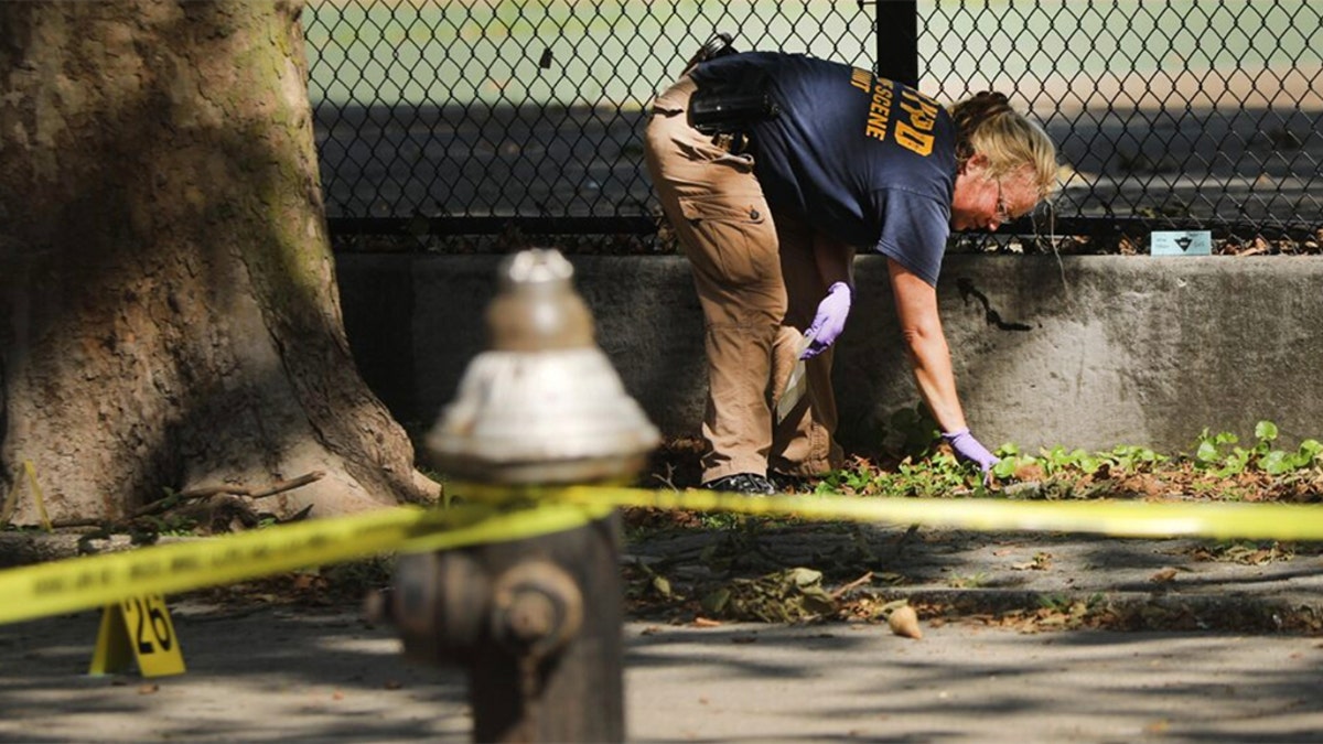 Police work at a crime scene in Brooklyn where a 1-year-old child was shot and killed on July 13 in New York City. The boy was shot near a playground during a Sunday cookout when gunfire erupted. Shootings have increased nationwide with young victims having become unintended targets. (Photo by Spencer Platt/Getty Images)