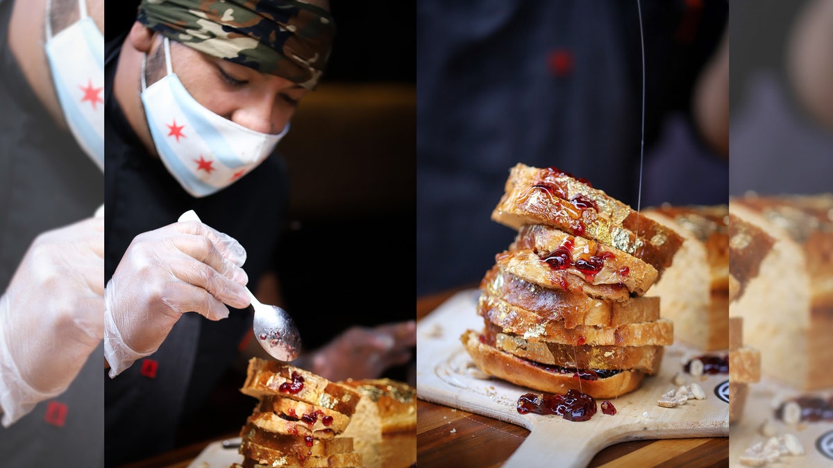 The “Golden Goose” sandwich is made with “toasted edible gold leaf bread,” “all-natural peanut butter,” manuka honey from New Zealand, and “the world’s most expensive” seedless redcurrant jam from Maison Dutriez in France.