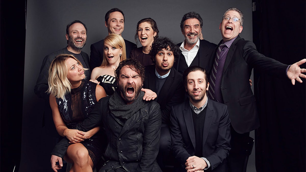 Front (L-R) Kaley Cuoco, Johnny Galecki, Melissa Rauch, Kunal Nayyapose snd Simon Helberg, and back (L-R) Steven Molaro, Jim Parsons, Mayim Bialik, Chuck Lorre and Bill Prady of "The Big Bang Theory" pose for a portrait at the 2016 People's Choice Awards at the Microsoft Theater on Jan. 6, 2016, in Los Angeles, Calif.