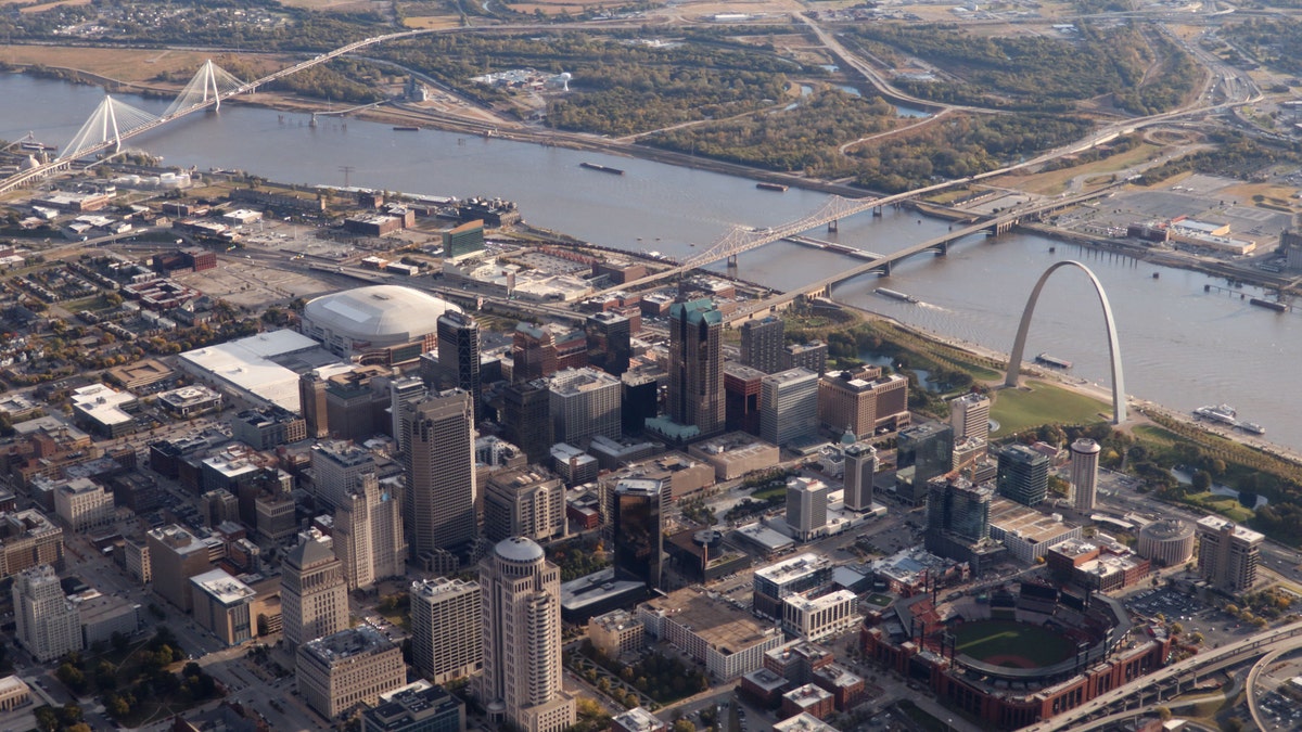 File photo - This aerial view shows the Gateway Arch near the Mississippi River in St Louis, Missouri, on October 23, 2019.