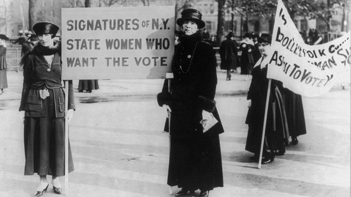 Suffragettes - U.S.: Audre Osborne and Mrs. James S. Stevens, with several others in background, 1917[?, holding signs. (Library of Congress) 