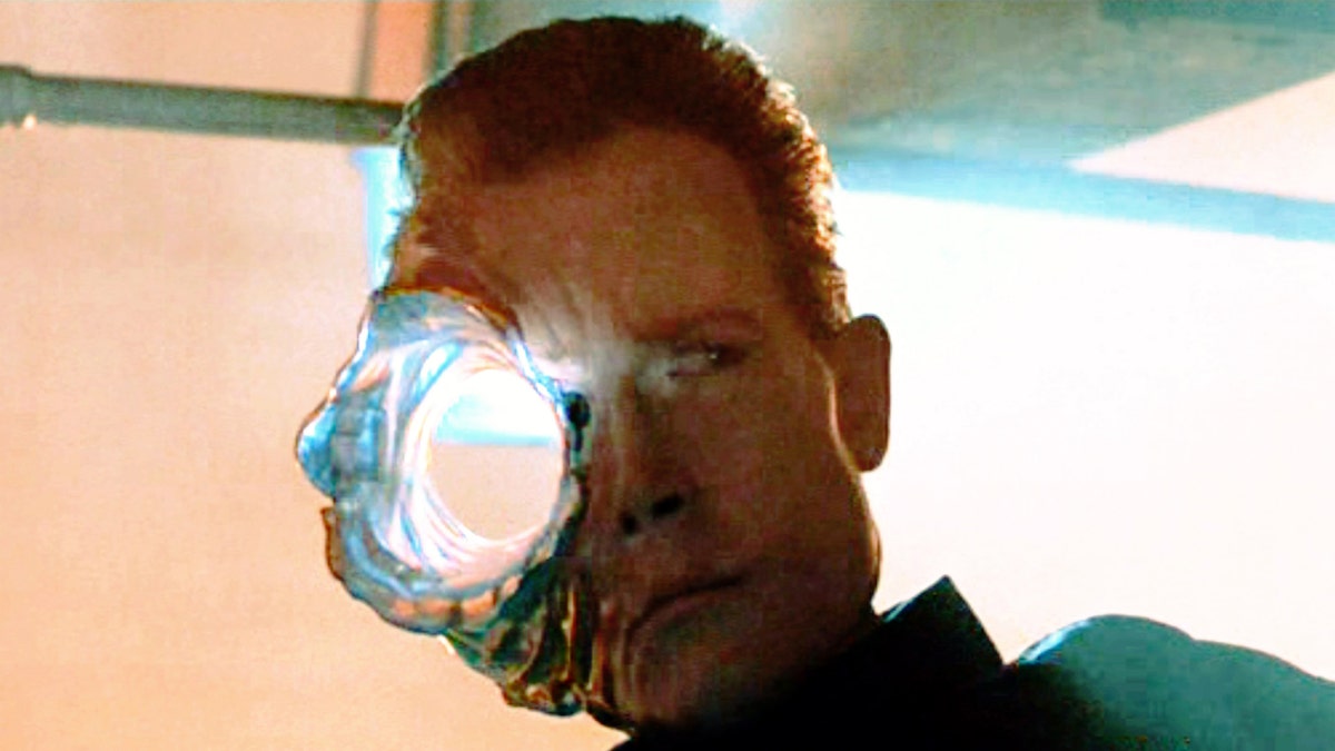 The movie "Terminator 2: Judgment Day", directed by James Cameron. Seen here, the T-1000 Terminator, in partial liquid metal form, suffers from a gunshot blast to the head.