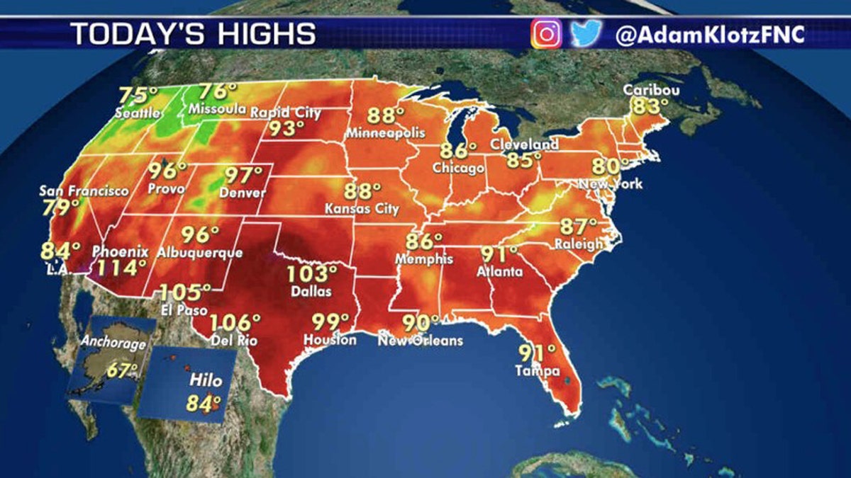 Forecast high temperatures for Aug. 13, 2020.