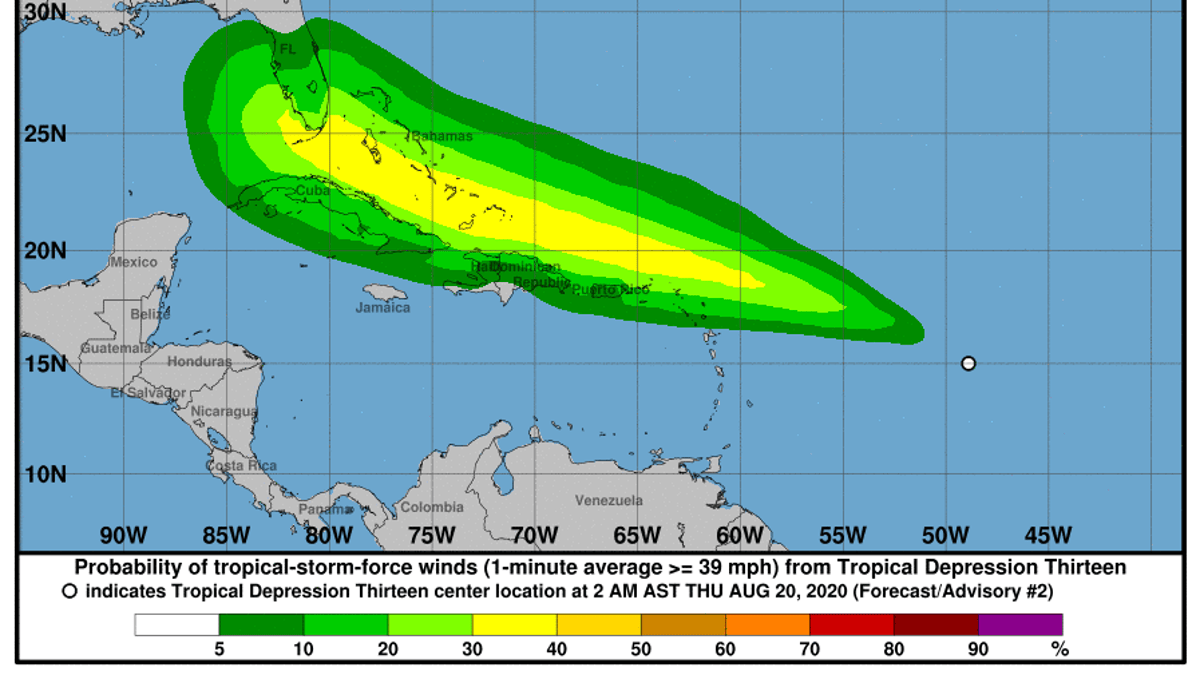 Tropical Depression 13 has tropical storm-force wind speed probabilities.