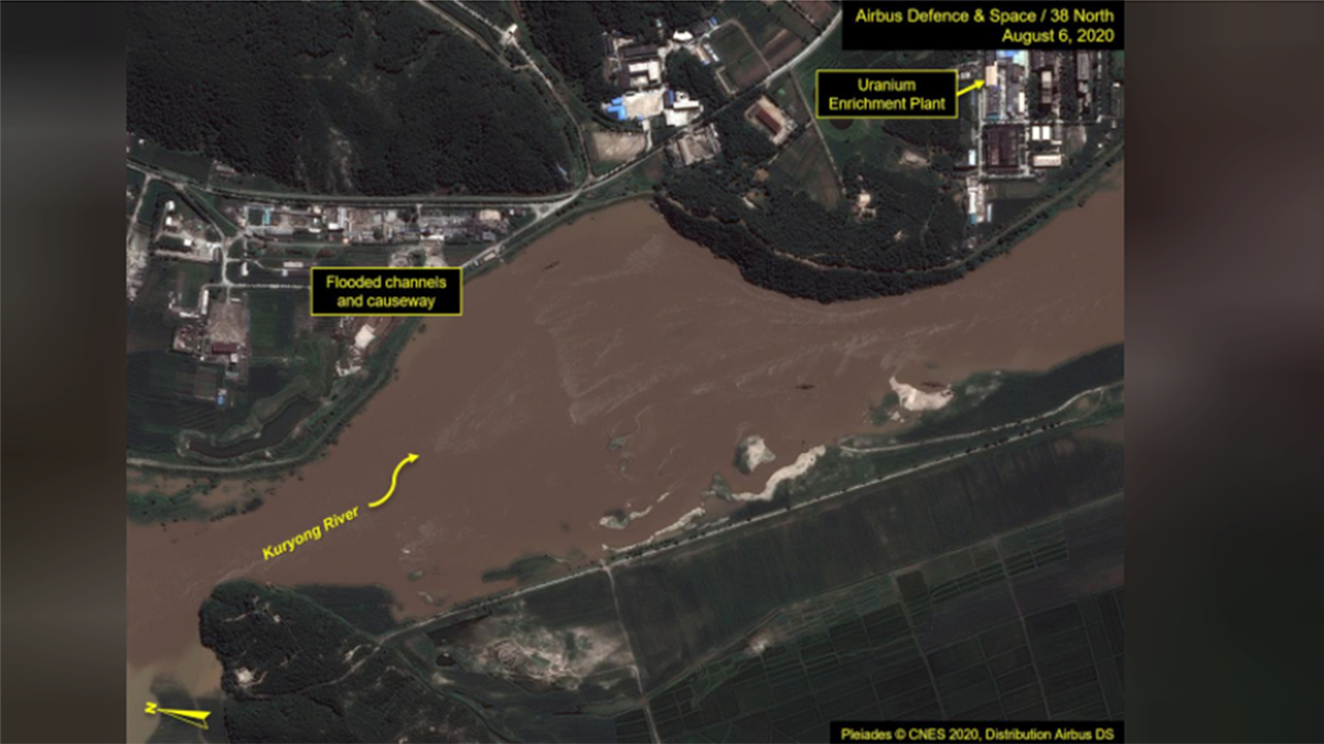 A view of the Yongbyon Nuclear Scientific Research Center shows flooding along the bank of the Kuryong River in Yongbyon, North Korea, August 6, 2020. Picture taken August 6, 2020.