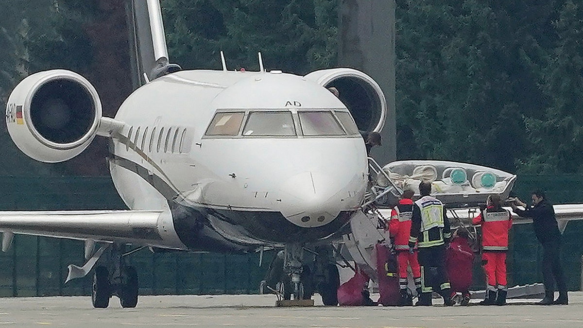 Alexei Navalny was flown to Germany Saturday following a dispute over whether he was stable enough to board an aircraft. ( Michael Kappeler/dpa via AP)