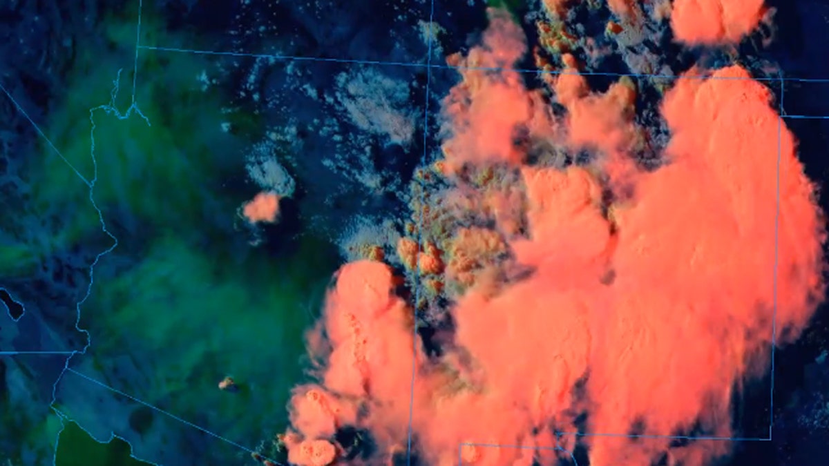 Smoke (in green) from the Apple Fire in Southern California can be seen spreading over western Arizona.