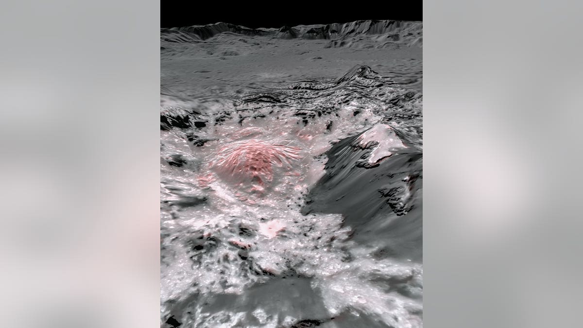 This mosaic of Ceres' Occator Crater is composed of images NASA's Dawn mission captured on its second extended mission in 2018. Bright pits and mounds (foreground) were formed by salty liquid released as Occator's water-rich floor froze after the crater-forming impact about 20 million years ago. (NASA/JPL-Caltech/UCLA/MPS/DLR/IDA/USRA/LPI)