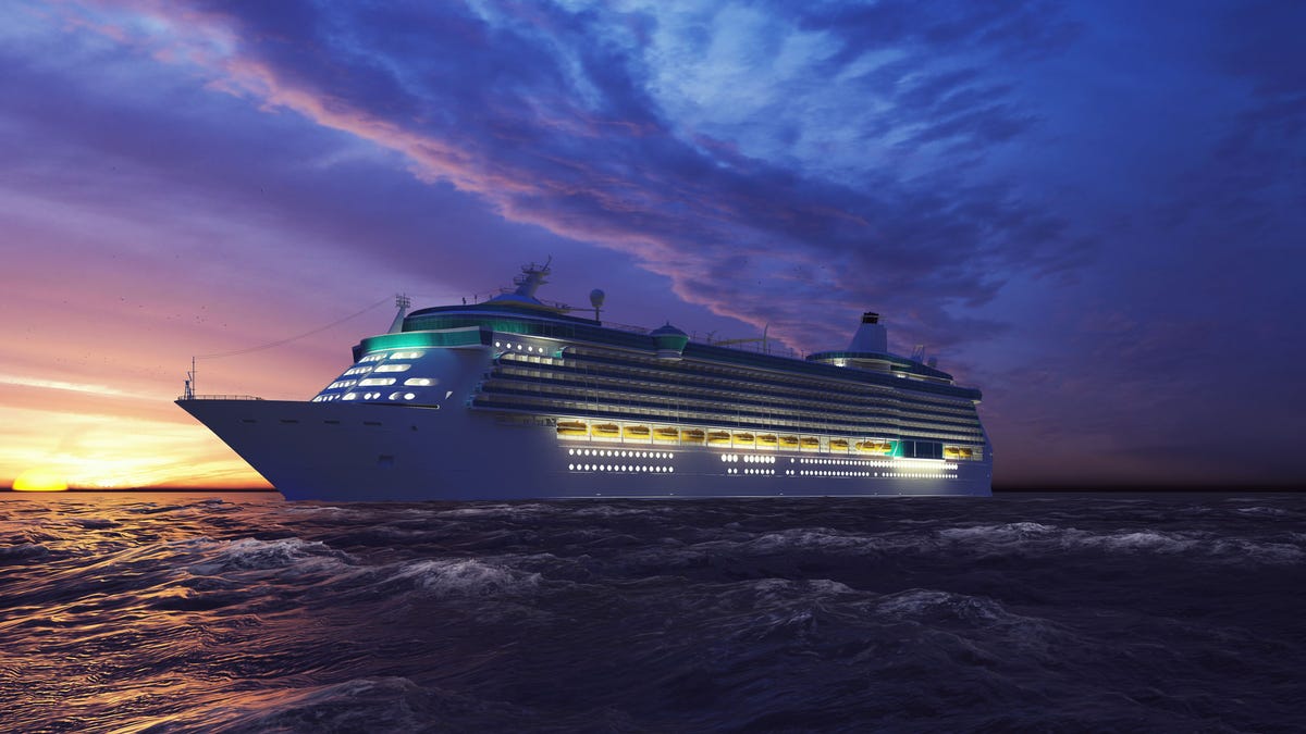 Luxury cruise ship sailing from the port at sunrise across the ocean. Beautiful summer background. 3D Rendering