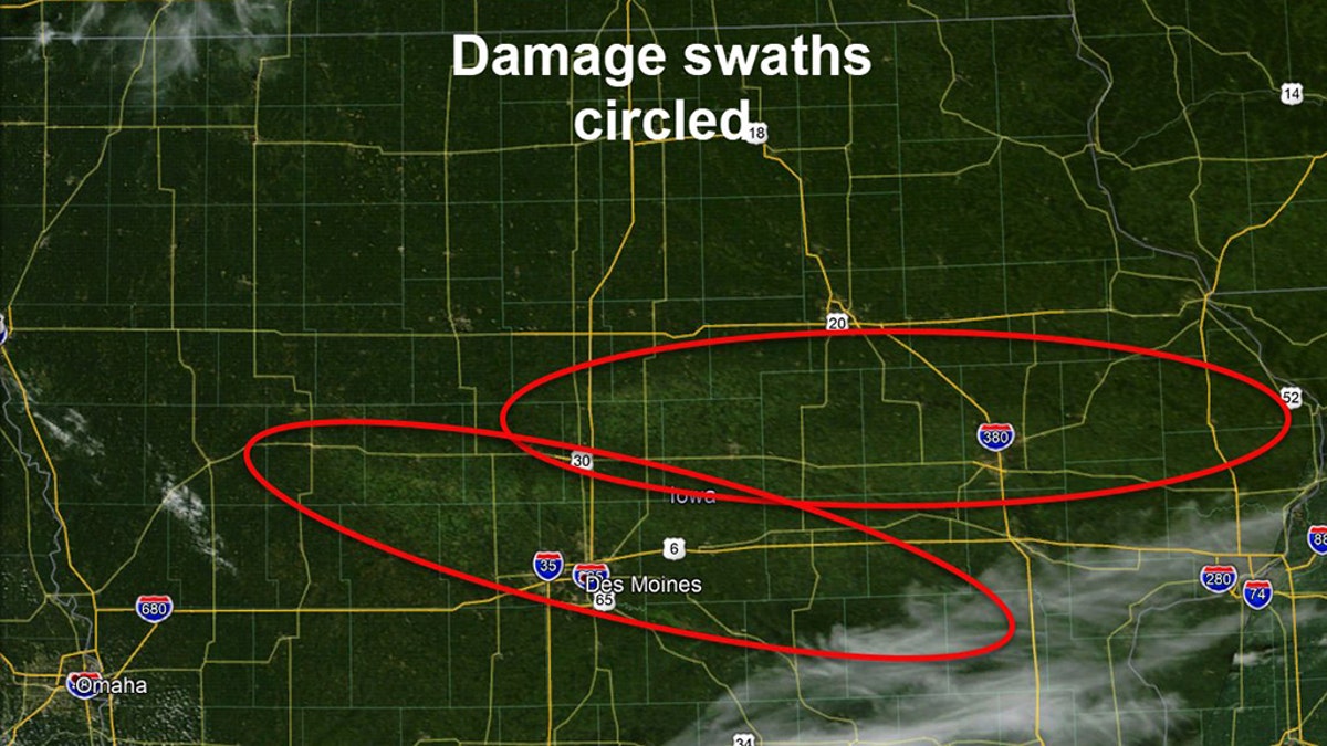 Damage swaths from the derecho seen across Iowa on Tuesday, Aug. 11, 2020.