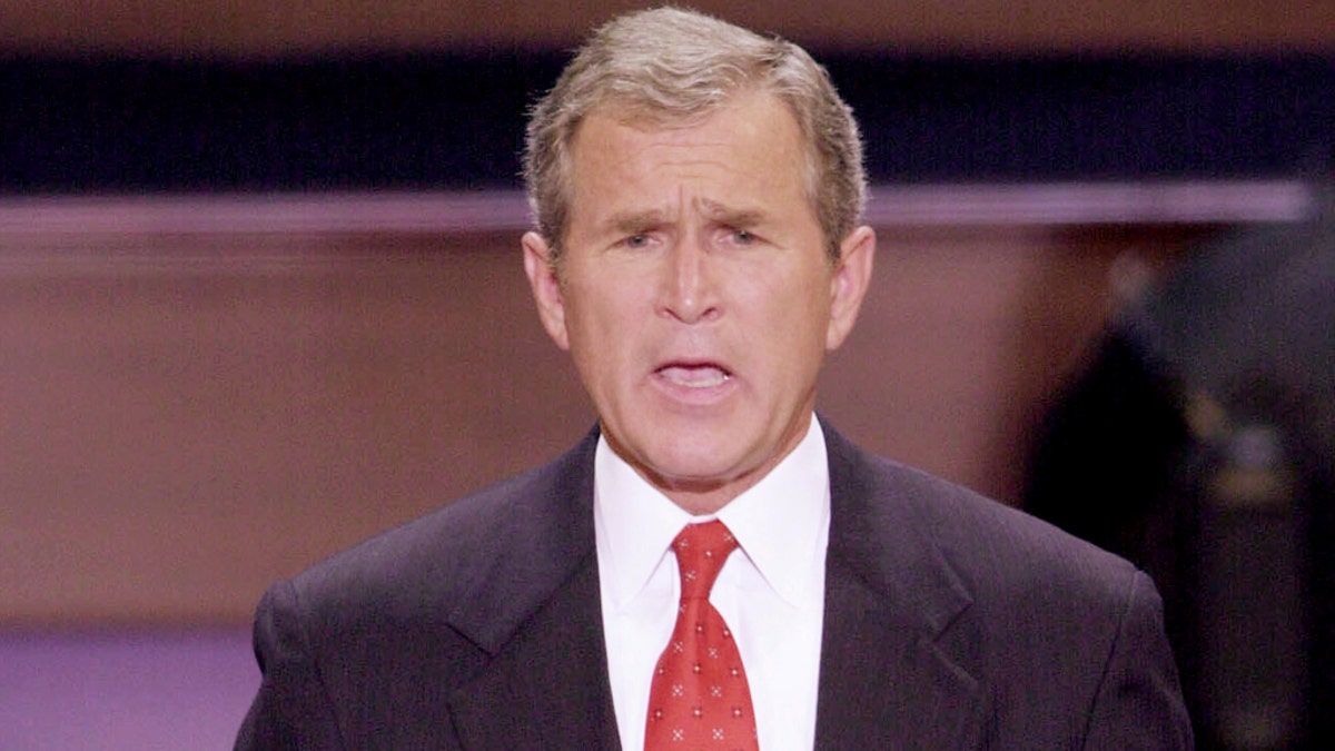 Republican presidential candidate Texas Gov. George W. Bush concludes the Republican National Convention with an acceptance speech Aug. 3, 2000, in Philadelphia, Pa. (Pool photo by Newsmakers)