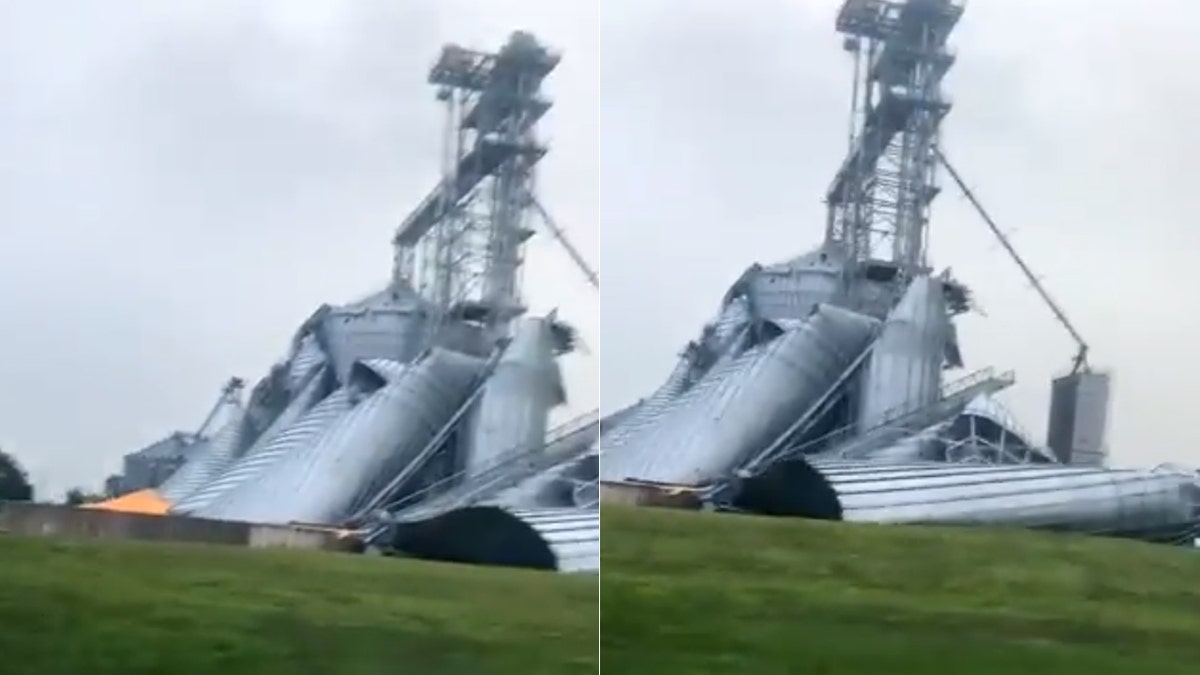 A grain elevator in Luther, Iowa, collapsed from the intense winds of a derecho on Monday, Aug. 10, 2020.