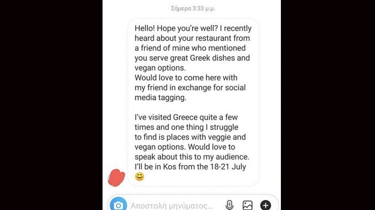An anonymous Greek restaurant owner posted correspondence with a social media influencer asking for free food. (Reddit). 