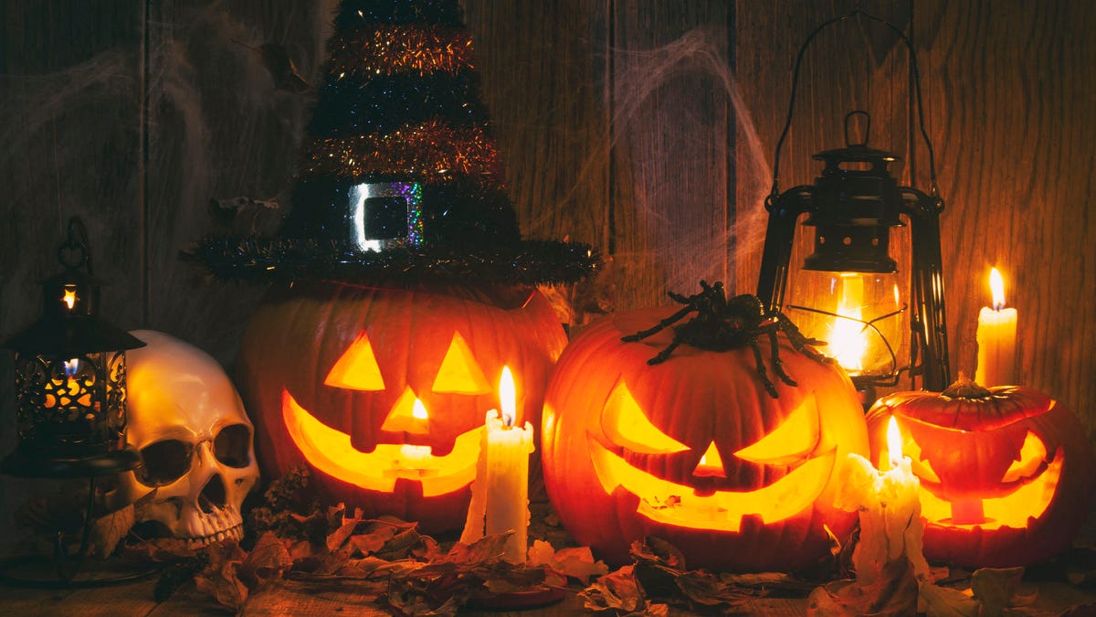 Halloween Jack-o-Lantern Pumpkins on rustic wooden background