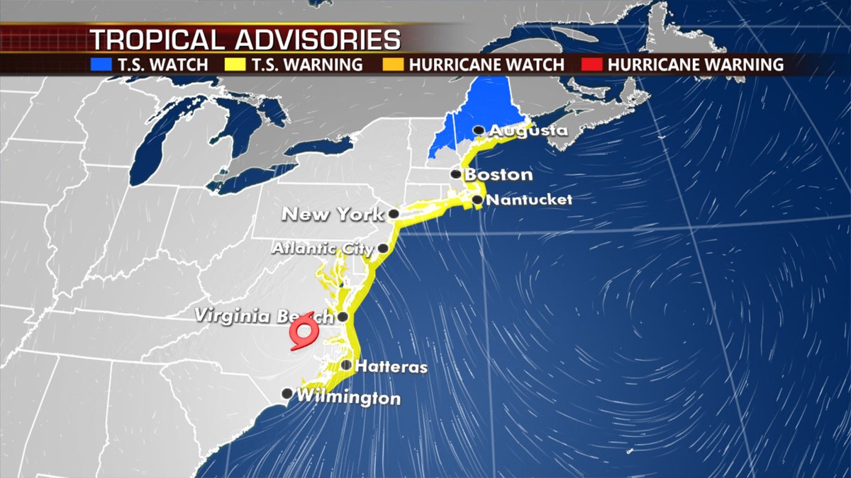 Tropical storm warnings and watches stretch from North Carolina to Maine.