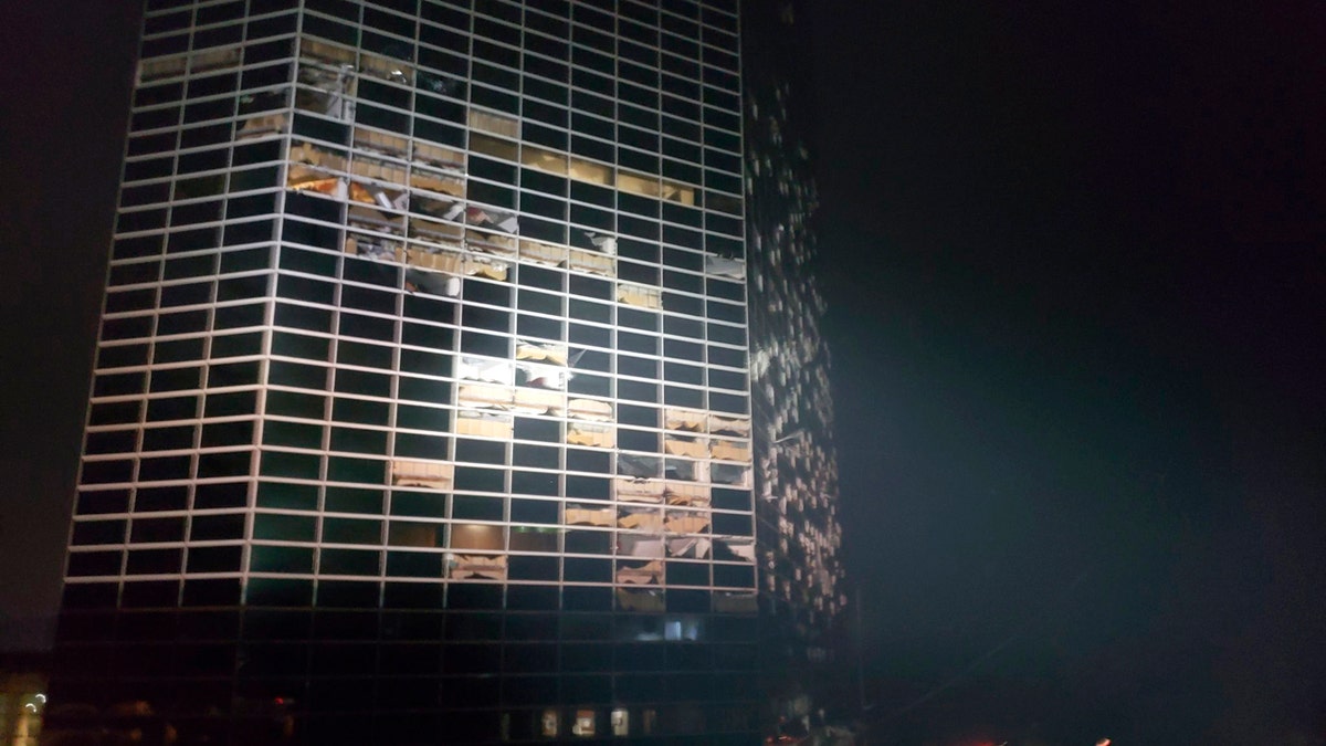 A building that was damaged overnight by Hurricane Laura stands in Lake Charles, La., Thursday, Aug. 27, 2020.
