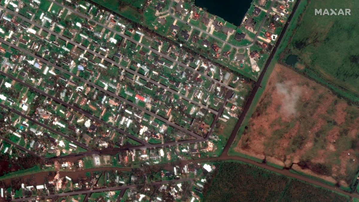 Homes near Flounder Drive in Lake Charles after Hurricane Laura. (AP/Maxar Technologies)