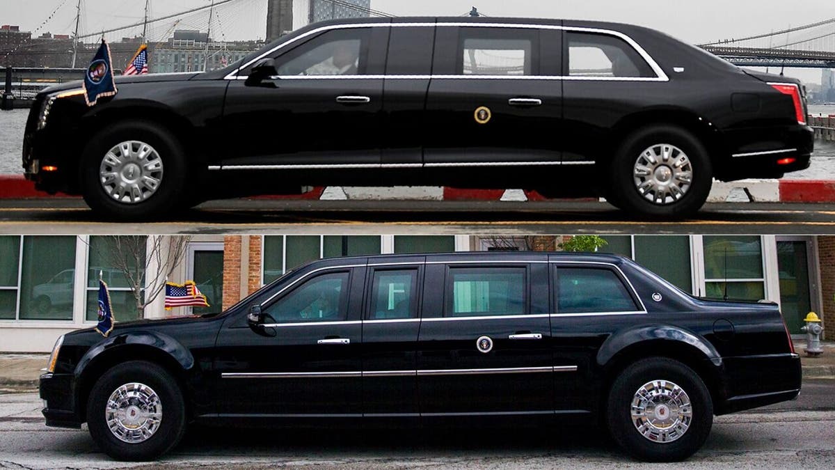 Trump's new limo (top) has a different style, but similar layout to the Obama-era vehicle (bottom) it replaces.?(Getty Images)