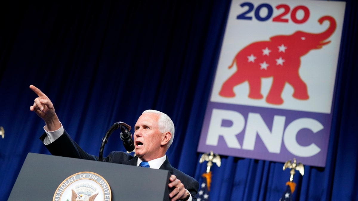 Vice President Mike Pence speaks at the 2020 Republican National Convention in Charlotte, N.C., Monday, Aug. 24, 2020. (AP Photo/Andrew Harnik)