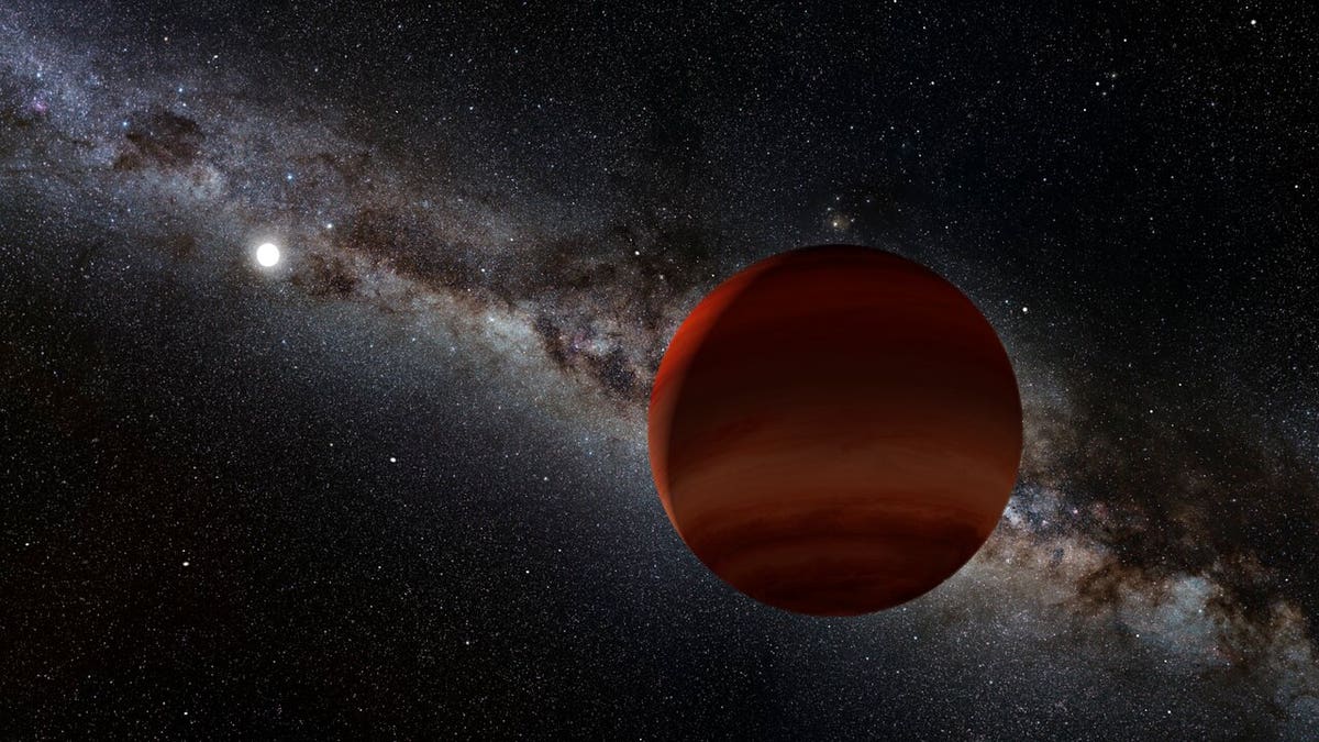 Artist’s impression of one of this study’s superlative discoveries, the oldest known wide-separation white dwarf plus cold brown dwarf pair. The small white orb represents the white dwarf (the remnant of a long-dead Sun-like star), while the brown/orange foreground object is the newly discovered brown dwarf companion. This faint brown dwarf was previously overlooked until it was spotted by citizen scientists, because it lies right within the plane of the Milky Way. (NOIRLab/NSF/AURA/P. MarenfeldAcknowledgement: William Pendrill)