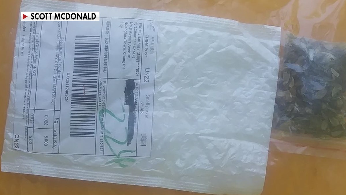 Michigan resident Scott McDonald tells Fox News that the package description said there was a door handle inside the envelope. When he opened it up he found what appeared to be sunflower seeds. Scott immediately put them in the garage and emailed the USDA. (Scott McDonald)