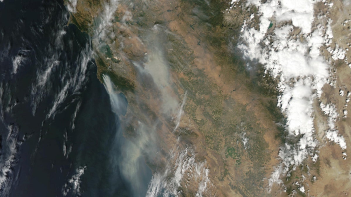 Smoke from the wildfires in Northern California can be seen in satellite imagery from Wednesday, Aug. 18, 2020.