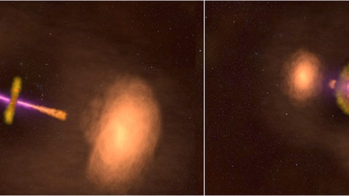 This illustration shows two views of the active galaxy TXS 0128+554, located around 500 million light-years away. Left: The galaxy’s central jets appear as they would if we viewed them both at the same angle. Right: The galaxy appears in its actual orientation, with its jets tipped out of our line of sight by about 50 degrees. (Credit: NASA's Goddard Space Flight Center)