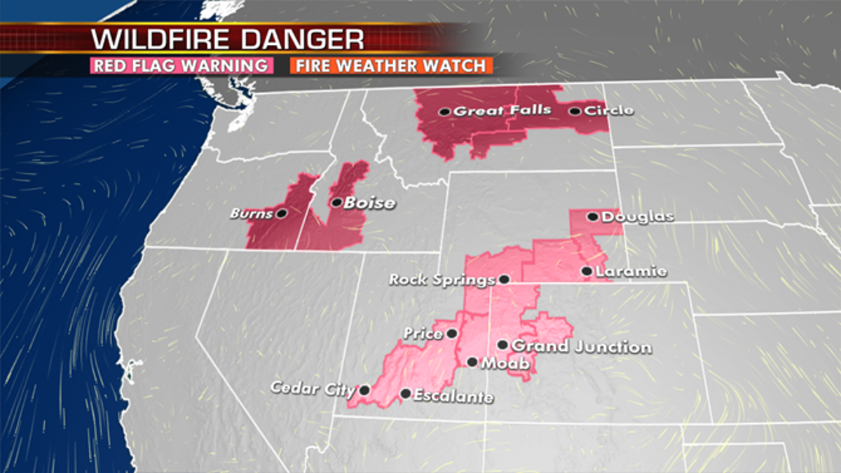 The threat of wildfires stretches across the West on Friday, Aug. 7, 2020.