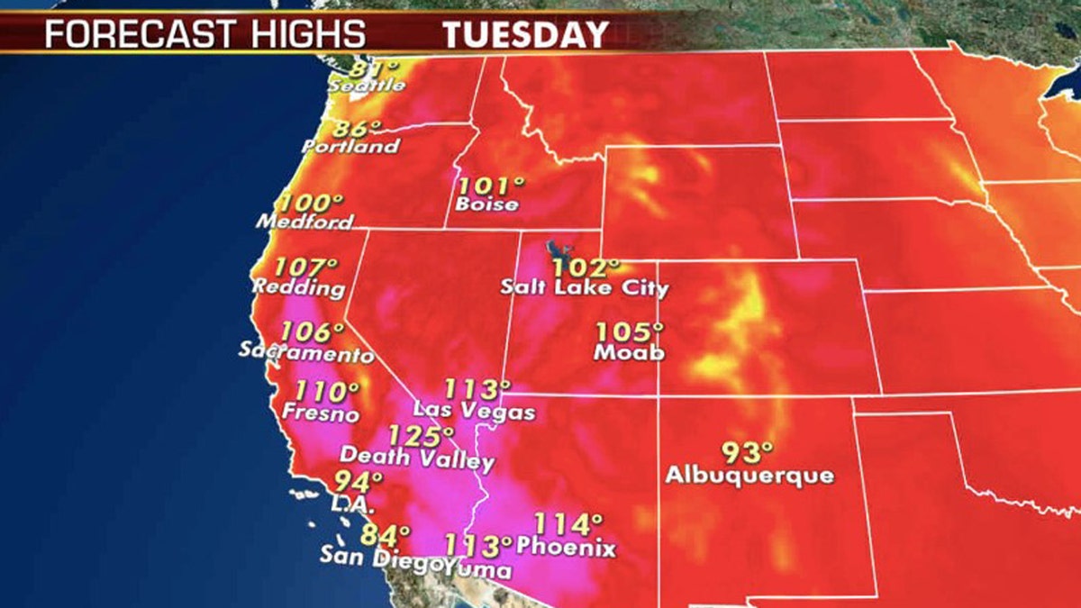 Forecast high temperatures for Tuesday, Aug. 18, 2020.