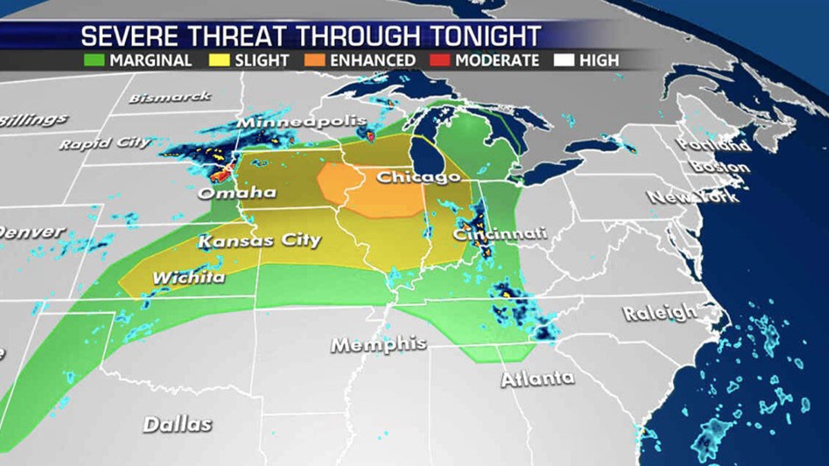 The greatest risk of severe weather on Monday is across northern Illinois.