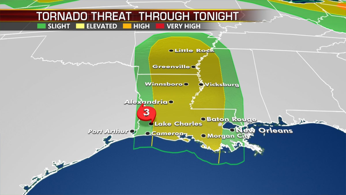 The tornado threat through late Thursday from Hurricane Laura.