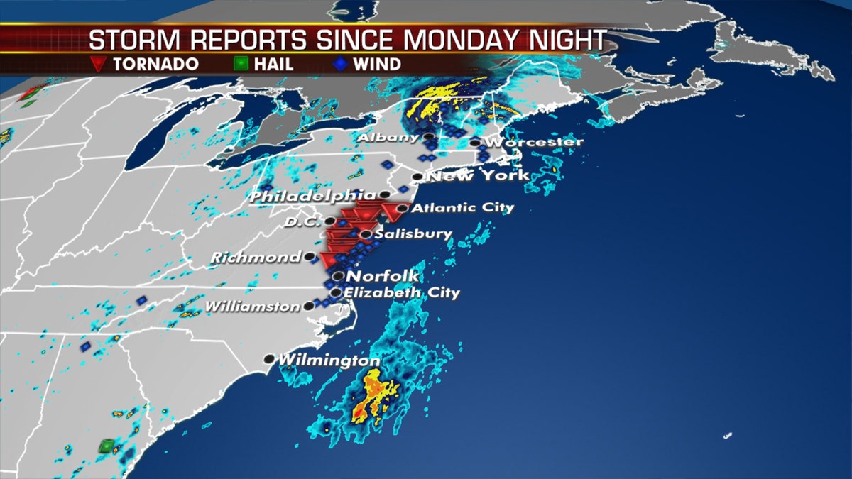 Dozens of storm reports stretch from the Carolinas to New England after Tropical Storm Isaias roared through the area.