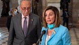 House Speaker Nancy Pelosi of Calif., joined by Senate Minority Leader Sen. Chuck Schumer of N.Y., speaks to media on Capitol Hill in Washington, Wednesday, Aug. 5, 2020. Some clarity is beginning to emerge from the bipartisan Washington talks on a huge COVID-19 response bill. An exchange of offers and meeting devoted to the Postal Service on Wednesday indicates the White House is moving slightly in House Speaker Nancy Pelosi's direction on issues like aid to states and local governments and unemployment insurance benefits. But the negotiations have a long ways to go. (AP Photo/Carolyn Kaster)