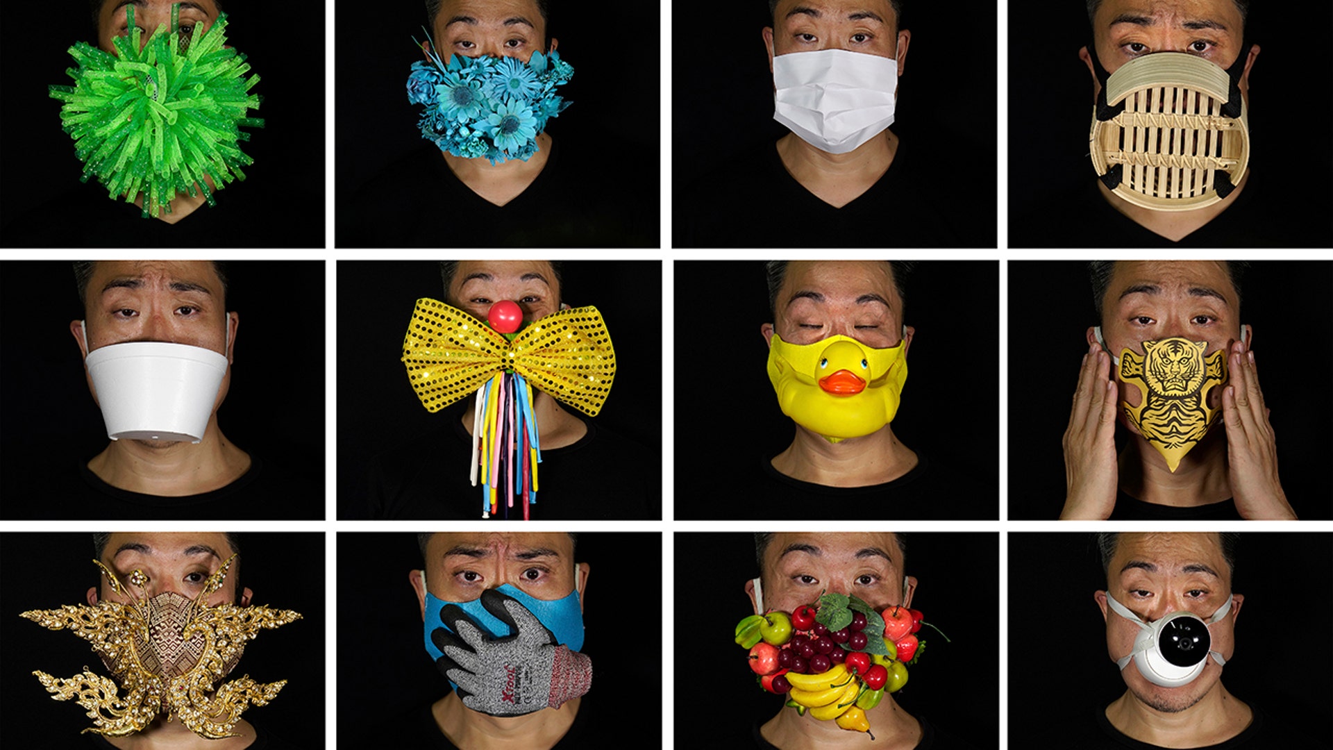 Edmond Kok, a Hong Kong theater costume designer and actor, wears a variety of face masks he made to protect against the coronavirus in Hong Kong, Aug. 16, 2020.