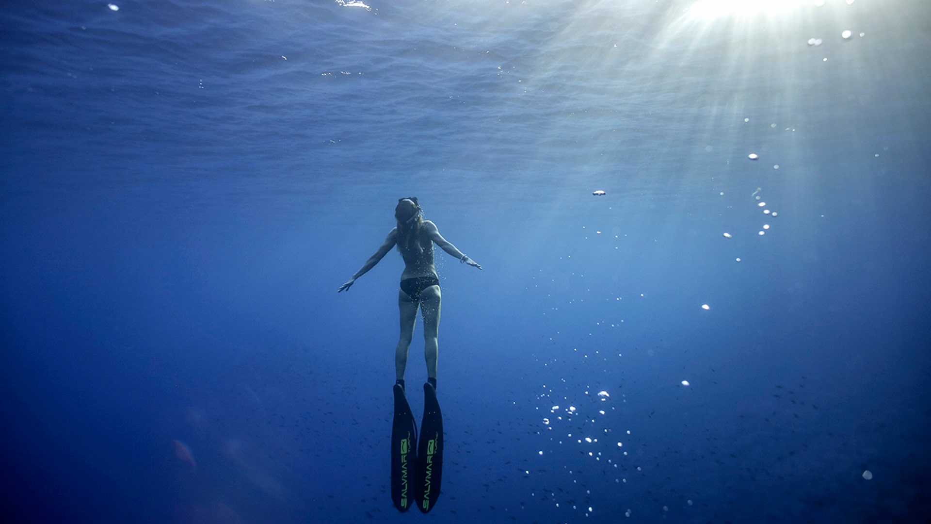 Italian marine biologist Monica Blasi looks up as she swims towards the light, off the coast of Filicudi, in the Sicilian Aeolian Islands archipelago, Italy, Aug. 23, 2020. 