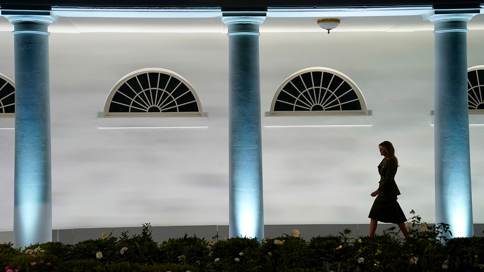 First lady Melania Trump arrives to speak on the second day of the Republican National Convention from the Rose Garden of the White House in Washington, Aug. 25, 2020. 