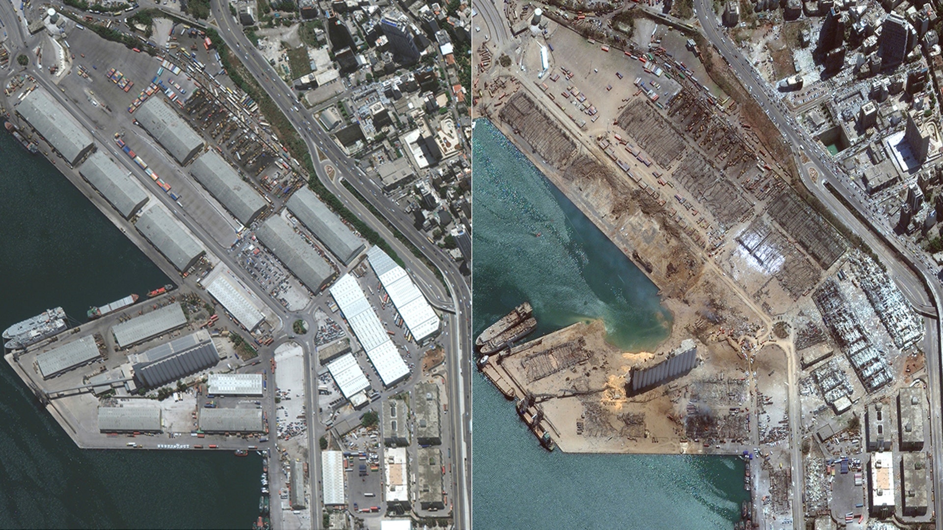 A combination of satellite images shows the Port of Beirut before and after an explosion in Beirut Lebanon, Aug. 5, 2020.