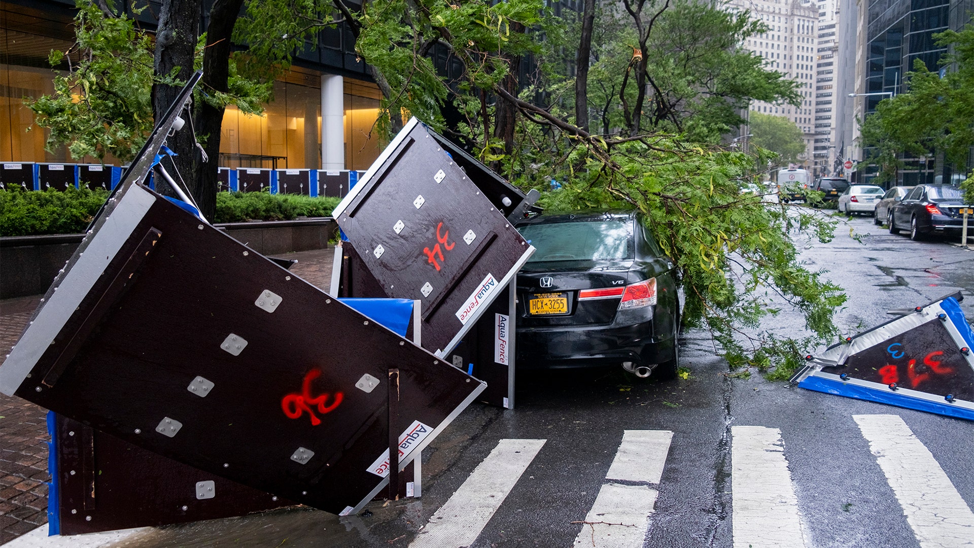 Damage is seen Tuesday, Aug. 4, 2020 in lower Manhattan as Tropical Storm Isaias moved past New York, producing strong winds that at times caused damage.