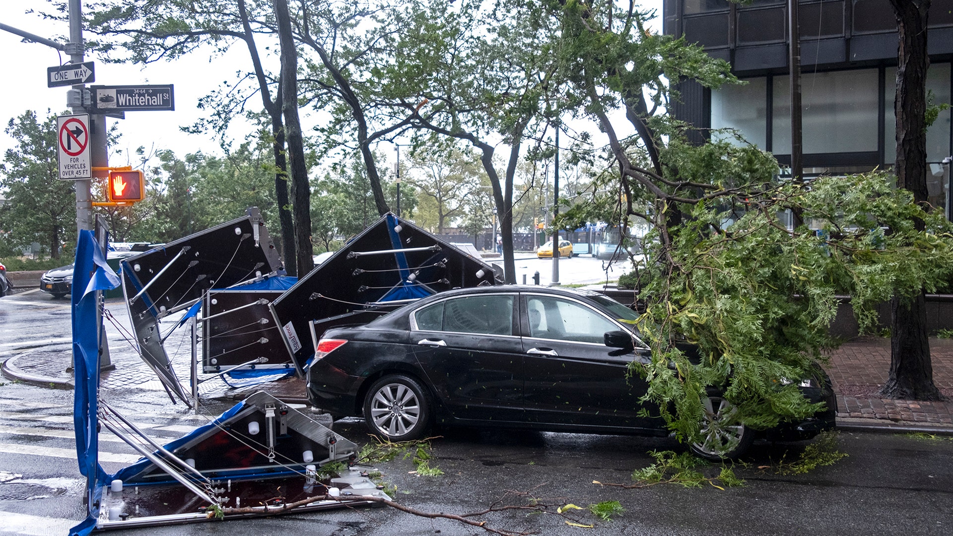 Damage is seen Tuesday, Aug. 4, 2020 in lower Manhattan as Tropical Storm Isaias moved past New York, producing strong winds that at times caused damage.
