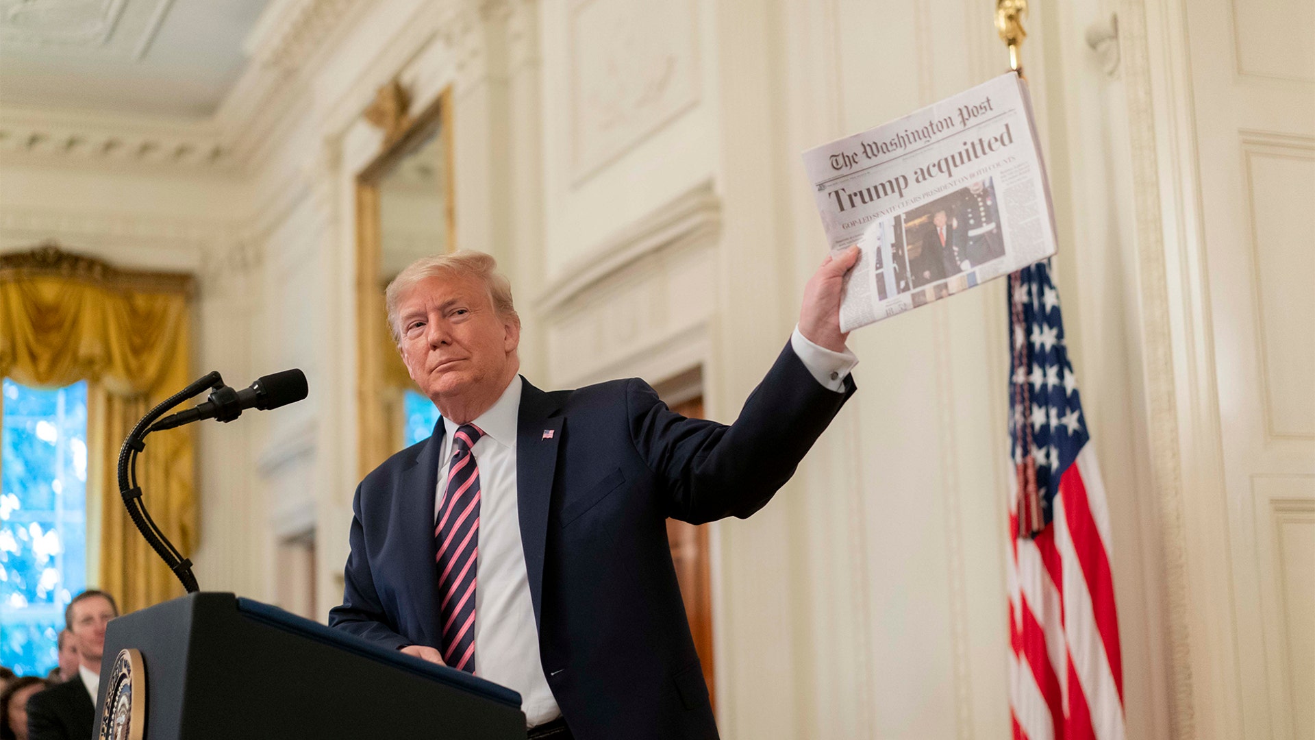 February 6, 2020: In the East Room of the White House, the President displays a copy of that morning’s Washington Post.