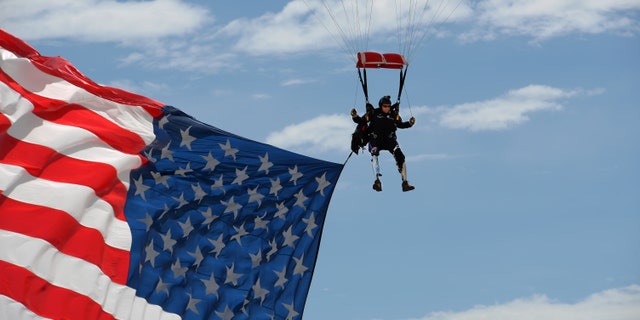 Dana Bowman descends from above Sheppard Air Force Base in Texas, Sept. 17, 2016. (U.S. Air Force photo by Senior Airman Kyle E. Gese)