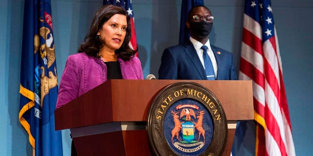 Gov. Gretchen Whitmer addresses the state during a speech in Lansing, Mich., Wednesday, Aug. 5, 2020. (Michigan Office of the Governor via AP)