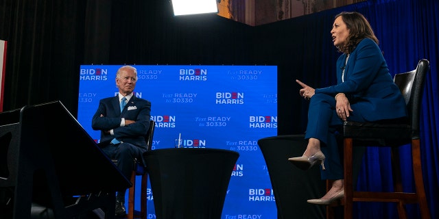 Biden and Harris participate in a virtual grassroots fundraiser at the Hotel DuPont in Wilmington, Del., Aug. 12, 2020. (AP Photo/Carolyn Kaster)