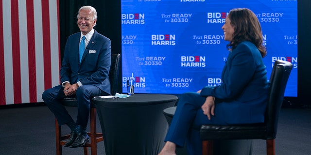 Democratic presidential candidate former Vice President Joe Biden and his running mate Sen. Kamala Harris, D-Calif., participate in a virtual grassroots fundraiser at the Hotel DuPont in Wilmington, Del., Wednesday, Aug. 12, 2020. 