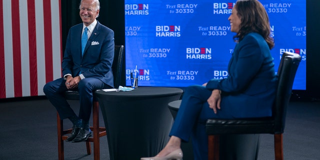 Democratic presidential candidate former Vice President Joe Biden and his running mate Sen. Kamala Harris, D-Calif., participate in a virtual grassroots fundraiser at the Hotel DuPont in Wilmington, Del., Wednesday, Aug. 12, 2020. 