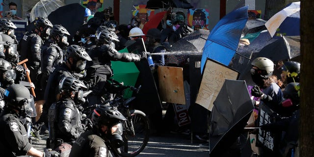 Police pepper spray protesters, Saturday, July 25, 2020, near Seattle Central Community College in Seattle. A large group of protesters marched in support of Black Lives Matter and against police brutality and racial injustice. (Associated Press)