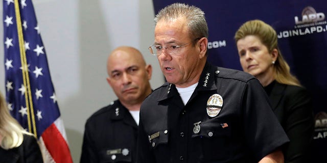 Los Angeles Police Department Chief Michel Moore talks during a news conference at LAPD headquarters in Los Angeles.