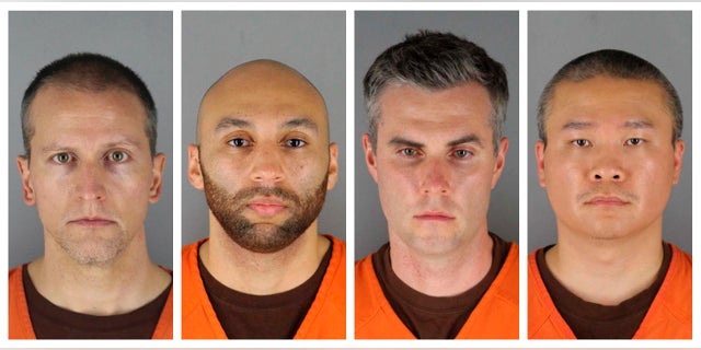 This combination of file photos provided by the Hennepin County Sheriff's Office in Minnesota on Wednesday, June 3, 2020, shows Derek Chauvin, from left, J. Alexander Kueng, Thomas Lane and Tou Thao. Chauvin is charged with second-degree murder of Floyd, a black man who died after being restrained by him and the other Minneapolis police officers on May 25. Kueng, Lane and Thao have been charged with aiding and abetting Chauvin. (Hennepin County Sheriff's Office via AP)