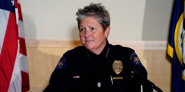 In this July 3, 2020, file photo, Aurora Police Department Interim Chief Vanessa Wilson speaks during a news conference in Aurora, Colo. Wilson was picked to be the chief of the Aurora Police Department in a 10-1 vote Monday night, Aug. 3 becoming the first woman to hold the job, after competing with three other nationwide finalists to lead the agency in Colorado’s third-largest city, a diverse community east of Denver. (Philip B. Poston/Sentinel Colorado via AP, File)